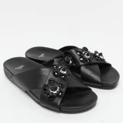 Fendi Black Leather Flowerland Criss Cross Flat Slides Size 38