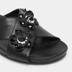Fendi Black Leather Flowerland Criss Cross Flat Slides Size 38