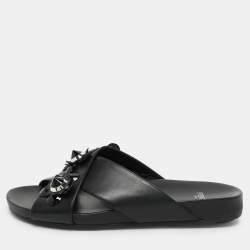Fendi Black Leather Flowerland Criss Cross Flat Slides Size 38