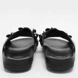 Fendi Black Leather Flowerland Criss Cross Flat Slides Size 38