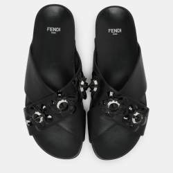 Fendi Black Leather Flowerland Criss Cross Flat Slides Size 38