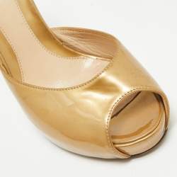 Pre Owned Fendi Gold Patent Leather FF Heel Slide Sandals Size 37.5