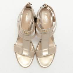 Pre Owned Fendi Beige Patent Leather Wedge Espadrille Sandals Size 38