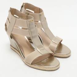 Pre Owned Fendi Beige Patent Leather Wedge Espadrille Sandals Size 38