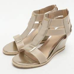 Pre Owned Fendi Beige Patent Leather Wedge Espadrille Sandals Size 38