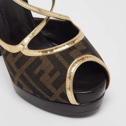 Fendi Brown/Gold Zucca Canvas and Leather Ankle Strap Sandals Size 38