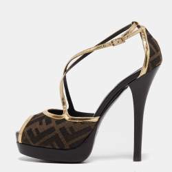 Fendi Brown/Gold Zucca Canvas and Leather Ankle Strap Sandals Size 38