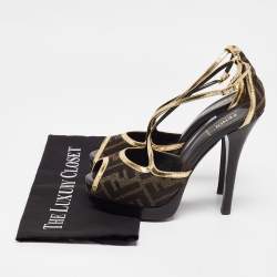 Fendi Brown/Gold Zucca Canvas and Leather Ankle Strap Sandals Size 38