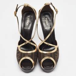 Fendi Brown/Gold Zucca Canvas and Leather Ankle Strap Sandals Size 38