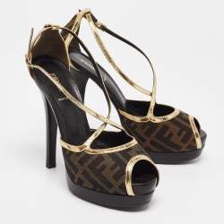 Fendi Brown/Gold Zucca Canvas and Leather Ankle Strap Sandals Size 38