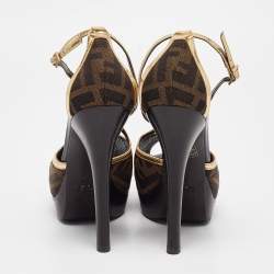 Fendi Brown/Gold Zucca Canvas and Leather Ankle Strap Sandals Size 38