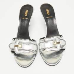 Fendi Silver Leather B Buckle Slide Sandals Size 39.5