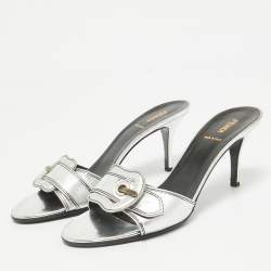 Fendi Silver Leather B Buckle Slide Sandals Size 39.5