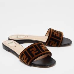 Fendi Brown Zucca Velvet Flat Slides Size 39