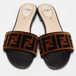 Fendi Brown Zucca Velvet Flat Slides Size 39