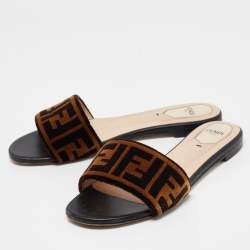 Fendi Brown Zucca Velvet Flat Slides Size 39