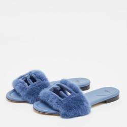 Fendi Blue Mink Fur Baguette Flat Slides Size 38.5