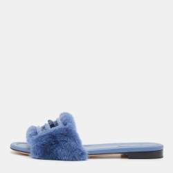 Fendi Blue Mink Fur Baguette Flat Slides Size 38.5