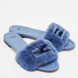 Fendi Blue Mink Fur Baguette Flat Slides Size 38.5