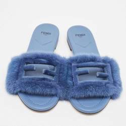 Fendi Blue Mink Fur Baguette Flat Slides Size 38.5