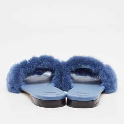 Fendi Blue Mink Fur Baguette Flat Slides Size 38.5