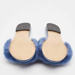 Fendi Blue Mink Fur Baguette Flat Slides Size 38.5