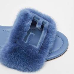 Fendi Blue Mink Fur Baguette Flat Slides Size 38.5