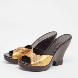 Fendi Metallic Leather Wedge Slide Sandals Size 37.5