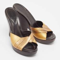 Fendi Metallic Leather Wedge Slide Sandals Size 37.5