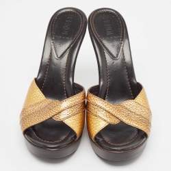 Fendi Metallic Leather Wedge Slide Sandals Size 37.5