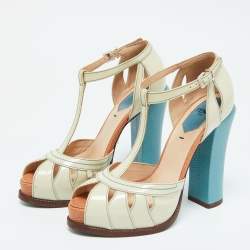 Fendi Off-white/Blue Patent Leather T-Strap Platform Sandals Size 36.5