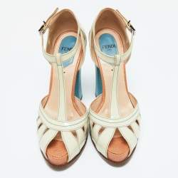 Fendi Off-white/Blue Patent Leather T-Strap Platform Sandals Size 36.5