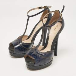 Pre Owned Fendi Navy Blue Leather Ankle Strap Sandals Size 37.5