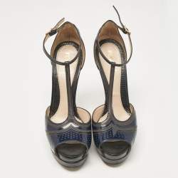 Pre Owned Fendi Navy Blue Leather Ankle Strap Sandals Size 37.5