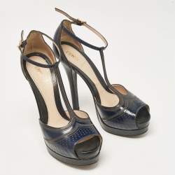 Pre Owned Fendi Navy Blue Leather Ankle Strap Sandals Size 37.5