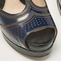 Pre Owned Fendi Navy Blue Leather Ankle Strap Sandals Size 37.5