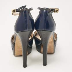 Pre Owned Fendi Navy Blue Leather Ankle Strap Sandals Size 37.5