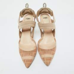 Fendi Beige Mesh and Fabric Colibri Pointed Toe Slingback Pumps Size 36.5