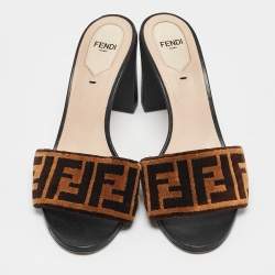 Pre Owned Fendi Beige Velvet FF Slide Sandals Size 38.5