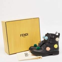 Fendi Black Leather and Mink Pompoms Biker Boots Size 39
