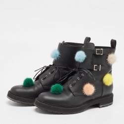 Fendi Black Leather and Mink Pompoms Biker Boots Size 39