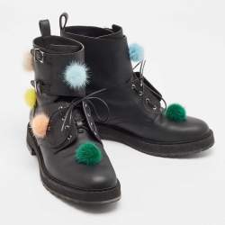 Fendi Black Leather and Mink Pompoms Biker Boots Size 39