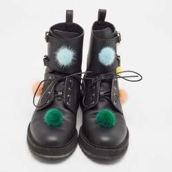 Fendi Black Leather and Mink Pompoms Biker Boots Size 39