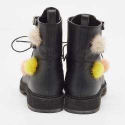 Fendi Black Leather and Mink Pompoms Biker Boots Size 39