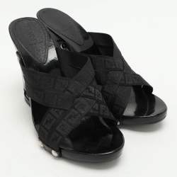 Fendi Black FF Canvas Criss Cross Slide Sandals Size 39