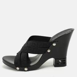 Fendi Black FF Canvas Criss Cross Slide Sandals Size 39