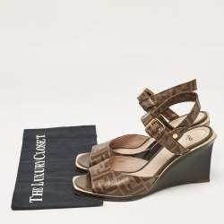 Fendi Brown Zucca Canvas Wedge Ankle Strap Sandals Size 41