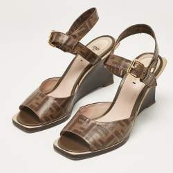 Fendi Brown Zucca Canvas Wedge Ankle Strap Sandals Size 41