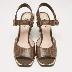 Fendi Brown Zucca Canvas Wedge Ankle Strap Sandals Size 41