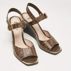 Fendi Brown Zucca Canvas Wedge Ankle Strap Sandals Size 41
